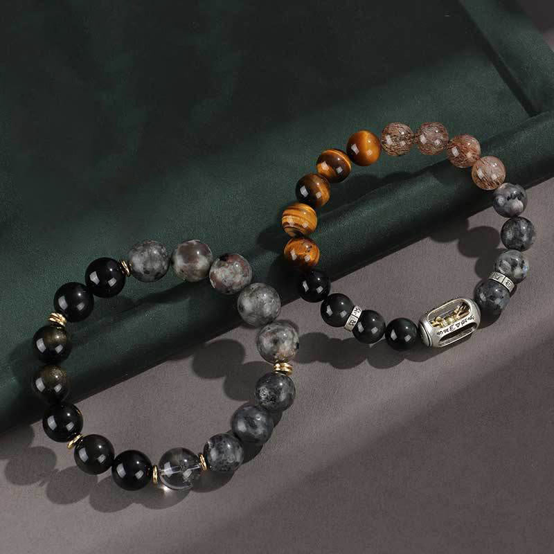 Buddha Stones 925 Sterling Silver Black Onyx Gold Sheen Obsidian Lava Rock Tiger Eye Six True Words Wealth Protection Bracelet