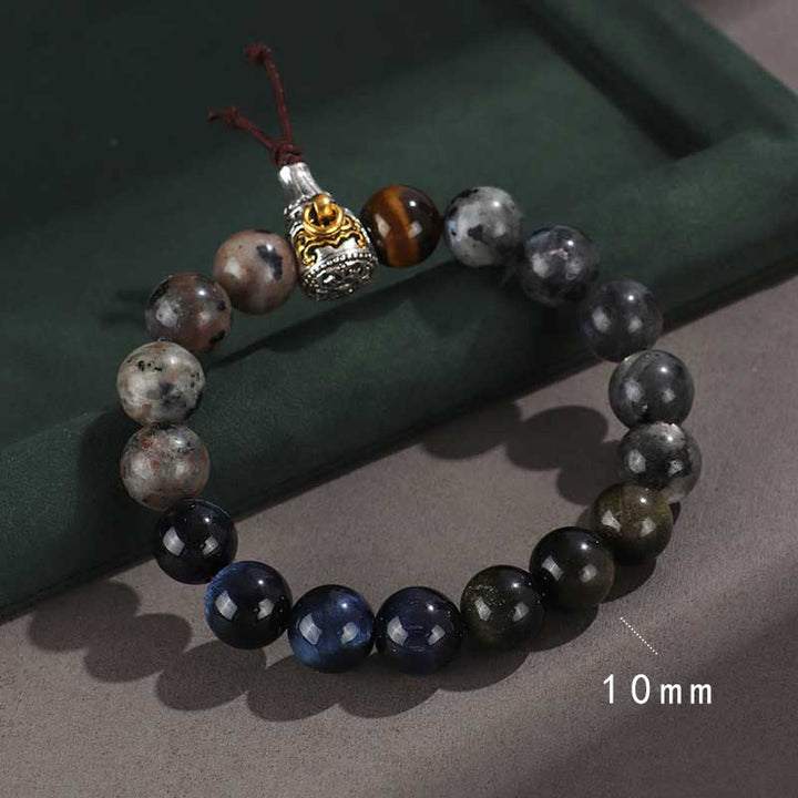 Buddha Stones 925 Sterling Silver Black Onyx Gold Sheen Obsidian Lava Rock Tiger Eye Six True Words Wealth Protection Bracelet