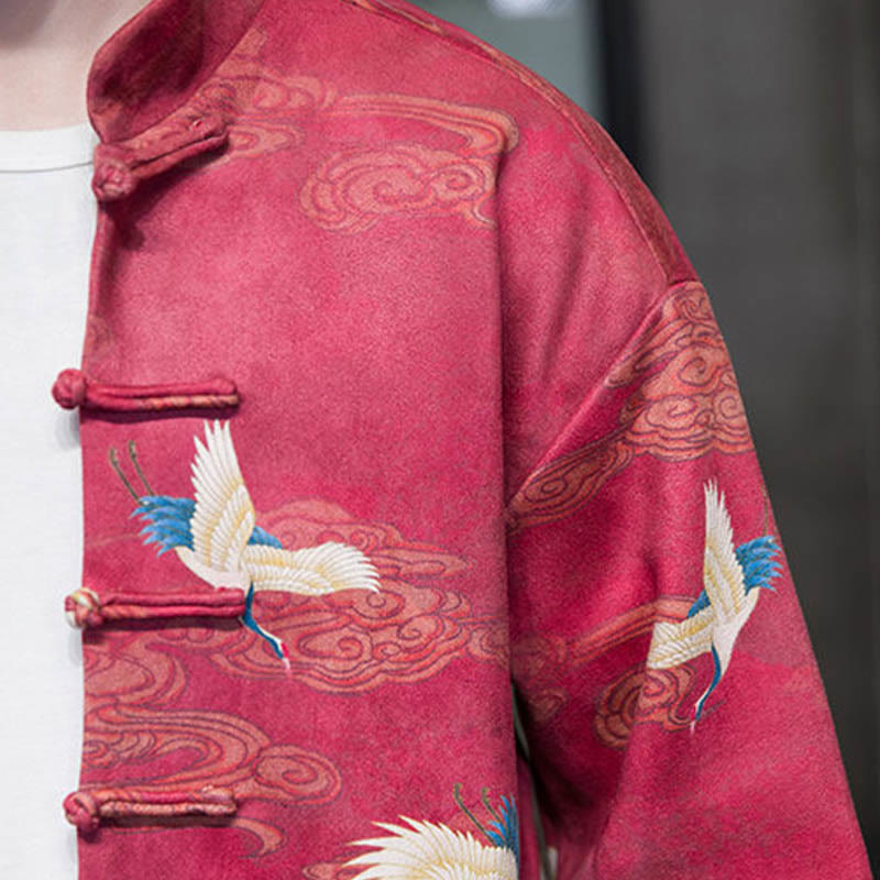 Buddha Stones Frog-Button Chinese Tang Suit Crane Character Long Shirt Cotton Suede Men Jacket Clothing - image 24