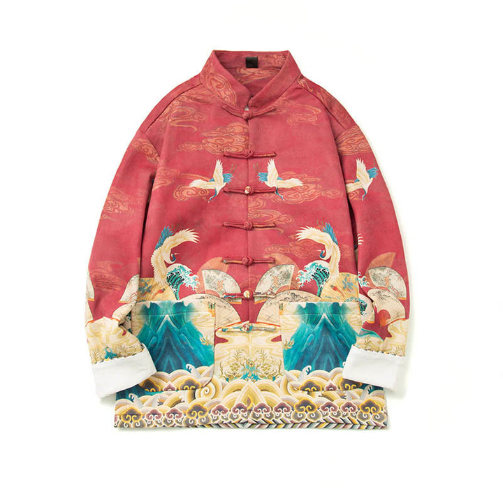 Buddha Stones Frog-Button Chinese Tang Suit Crane Character Long Shirt Cotton Suede Men Jacket Clothing - image 27