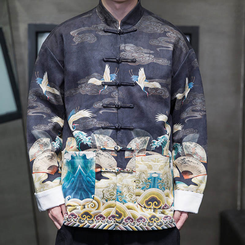 Buddha Stones Frog-Button Chinese Tang Suit Crane Character Long Shirt Cotton Suede Men Jacket Clothing - image 13