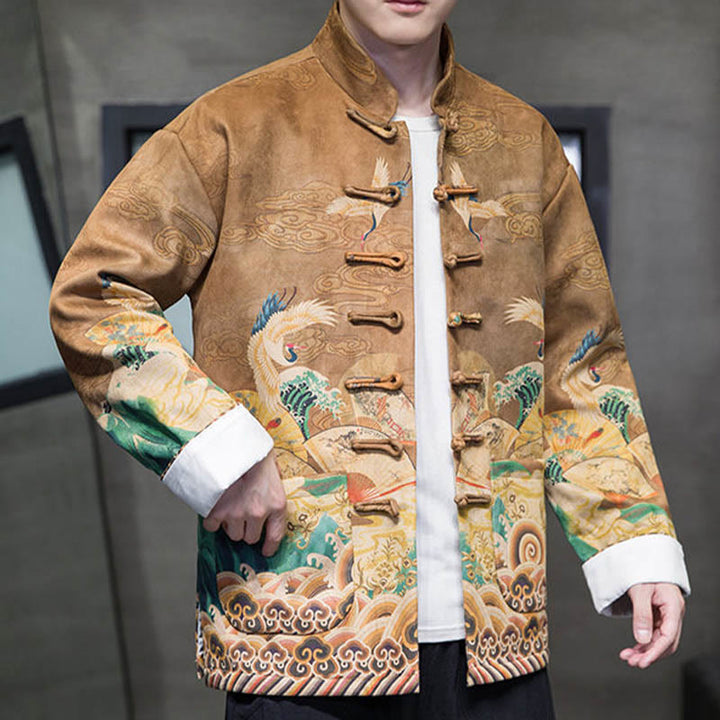 Buddha Stones Frog-Button Chinese Tang Suit Crane Character Long Shirt Cotton Suede Men Jacket Clothing - image 6