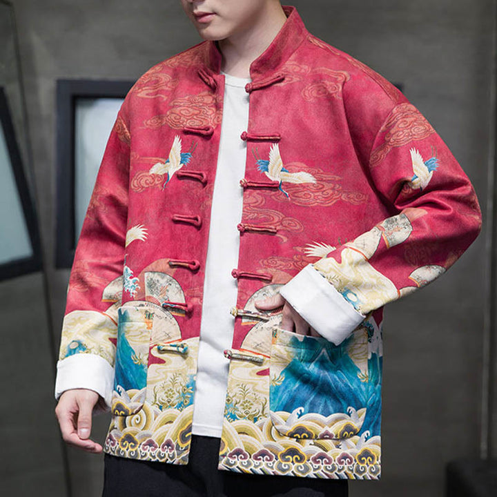 Buddha Stones Frog-Button Chinese Tang Suit Crane Character Long Shirt Cotton Suede Men Jacket Clothing - image 20