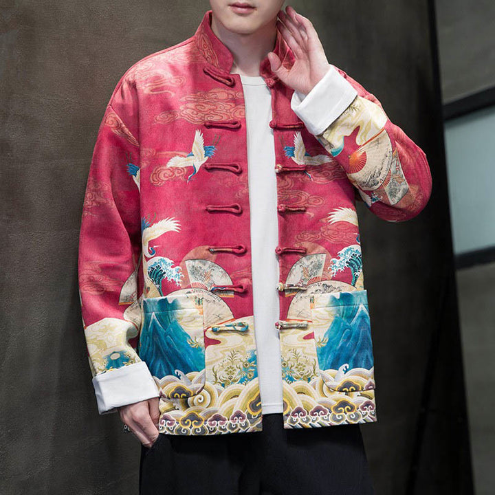 Buddha Stones Frog-Button Chinese Tang Suit Crane Character Long Shirt Cotton Suede Men Jacket Clothing - Crimson - US/UK/AU46，EU56 (5XL) - image 16