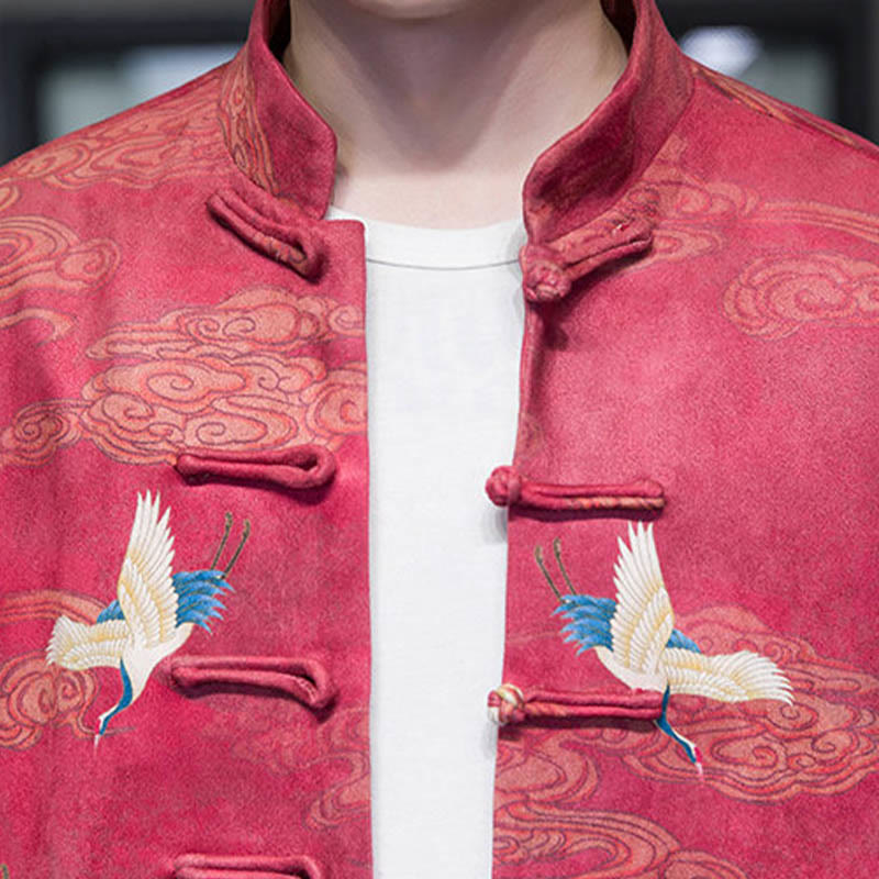 Buddha Stones Frog-Button Chinese Tang Suit Crane Character Long Shirt Cotton Suede Men Jacket Clothing - image 23