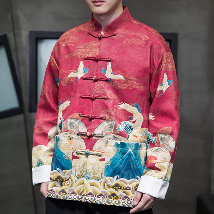 Buddha Stones Frog-Button Chinese Tang Suit Crane Character Long Shirt Cotton Suede Men Jacket Clothing - image 22