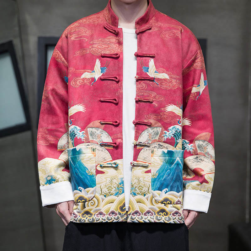 Buddha Stones Frog-Button Chinese Tang Suit Crane Character Long Shirt Cotton Suede Men Jacket Clothing - image 21