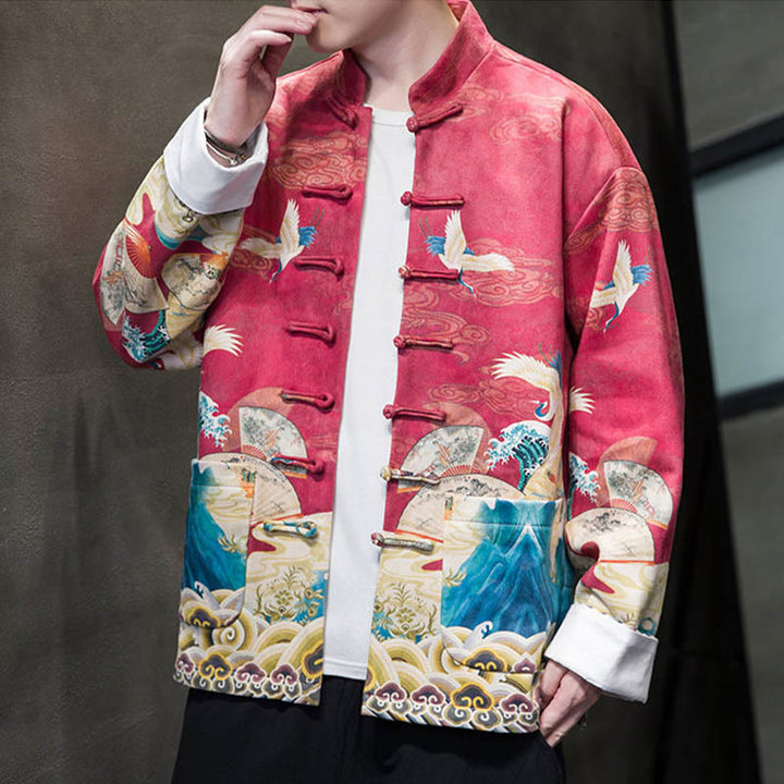 Buddha Stones Frog-Button Chinese Tang Suit Crane Character Long Shirt Cotton Suede Men Jacket Clothing - image 17