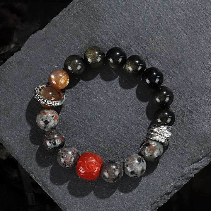 Buddha Stones Gold Sheen Obsidian Lava Rock Red Agate Protection Bracelet