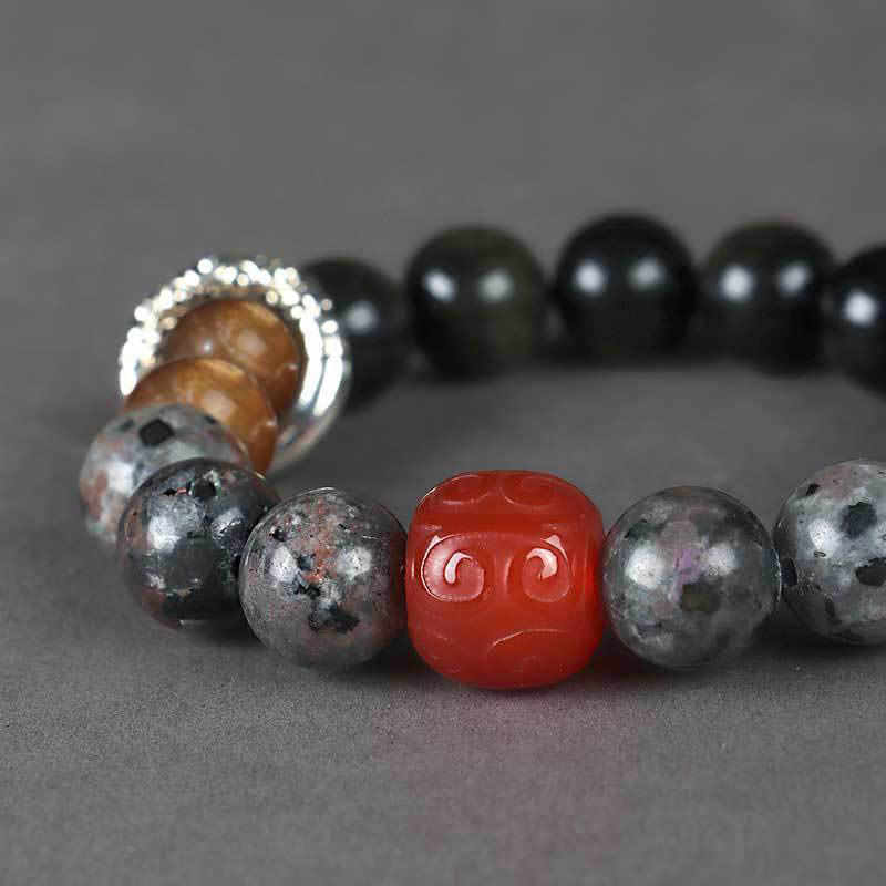 Buddha Stones Gold Sheen Obsidian Lava Rock Red Agate Protection Bracelet