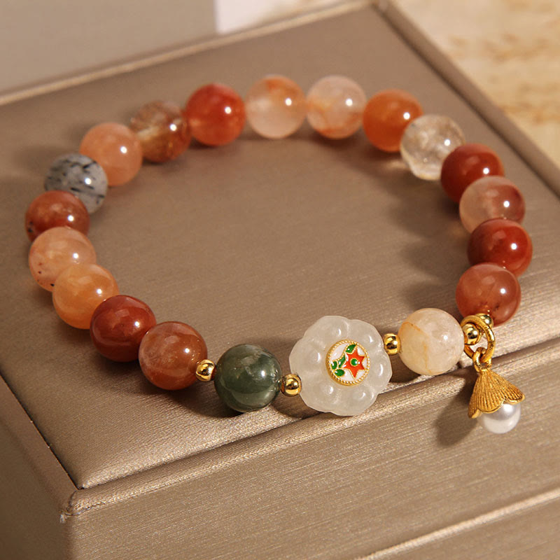 Buddha Stones Natural Fu Lu Shou Crystal Hetian White Jade Pearl Luck Bracelet