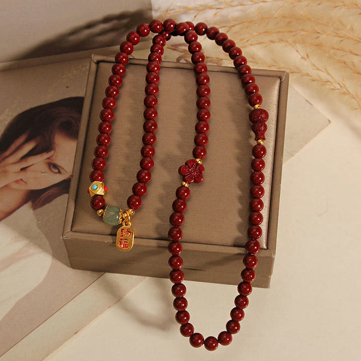 Buddha Stones Cinnabar Fu Character Flower Gourd Triple Wrap Blessing Bracelet