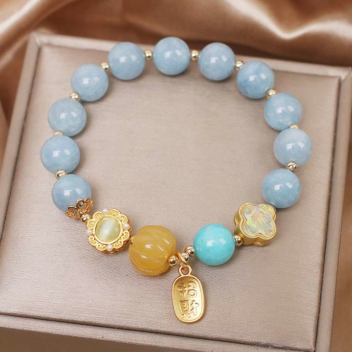 Buddha Stones Aquamarine Pumpkin Pearl Wealth Protection Bracelet