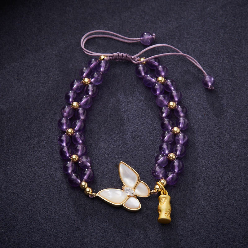 Buddha Stones Amethyst Butterfly Bamboo Balance Relieves Stress Braided String Bracelet