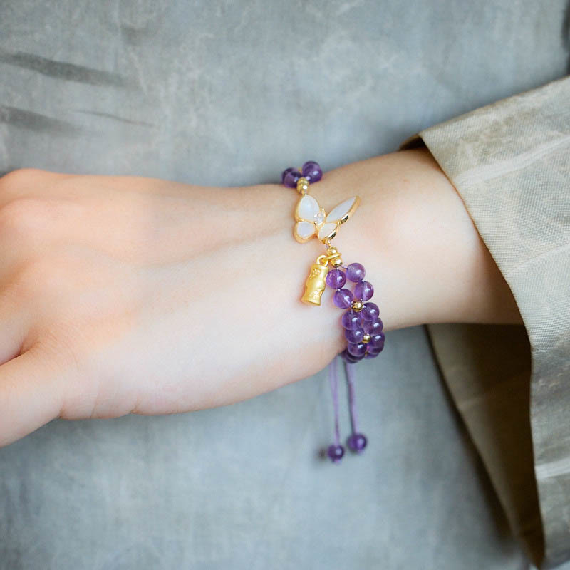 Buddha Stones Amethyst Butterfly Bamboo Balance Relieves Stress Braided String Bracelet