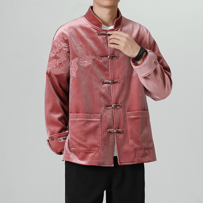 Buddha Stones Embroider Dragon Casual Frog-button Cotton Men's Jacket Shirt Clothing