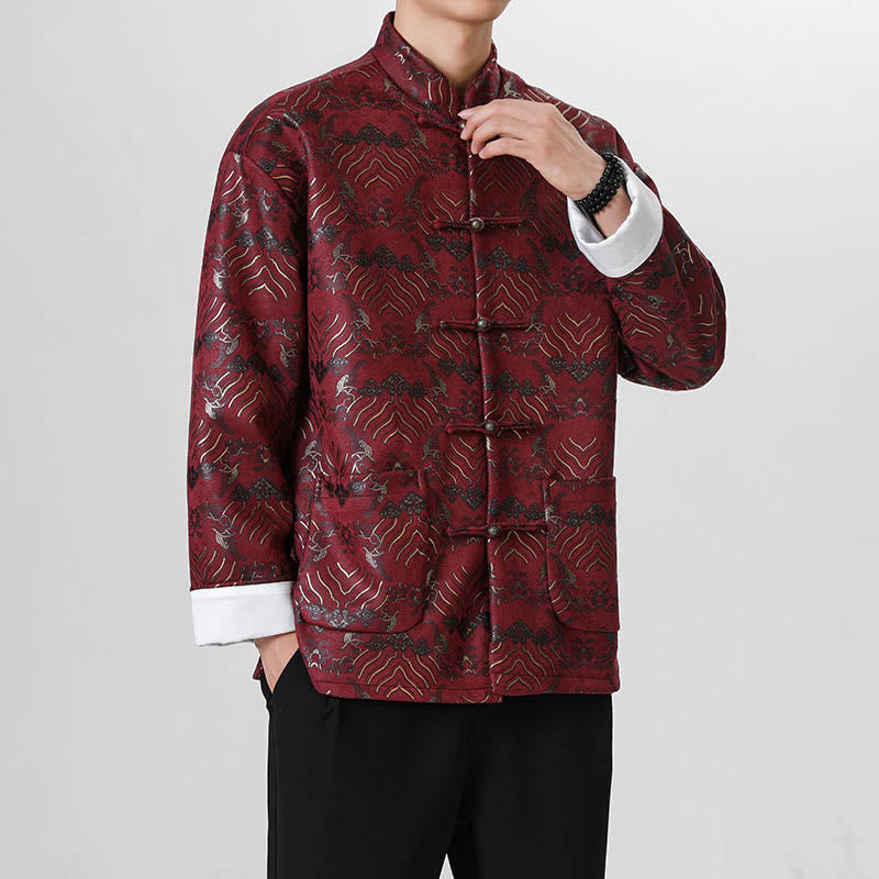 Buddha Stones Copper Frog-Button Chinese Tang Suit Wave Shape Long Shirt Men Jacket Clothing