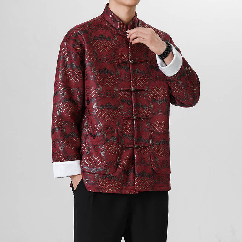 Buddha Stones Copper Frog-Button Chinese Tang Suit Wave Shape Long Shirt Men Jacket Clothing - image 9