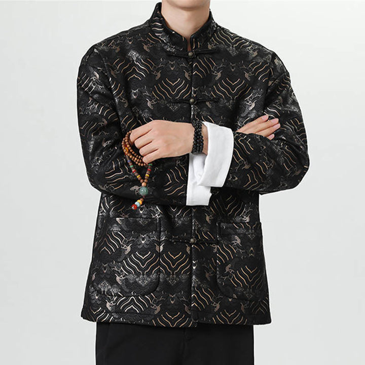 Buddha Stones Copper Frog-Button Chinese Tang Suit Wave Shape Long Shirt Men Jacket Clothing