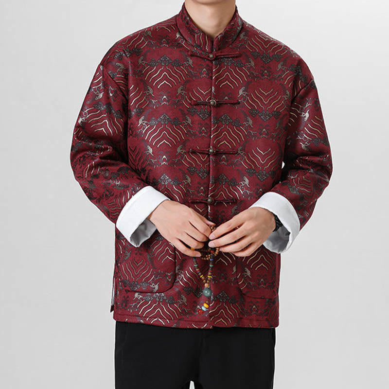 Buddha Stones Copper Frog-Button Chinese Tang Suit Wave Shape Long Shirt Men Jacket Clothing - image 7