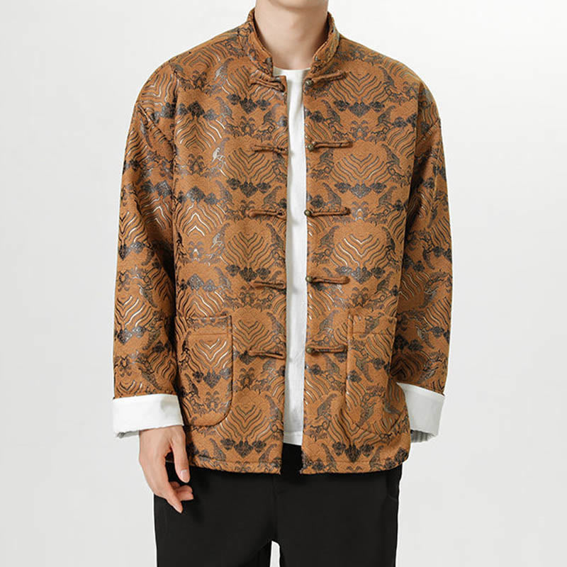 Buddha Stones Copper Frog-Button Chinese Tang Suit Wave Shape Long Shirt Men Jacket Clothing - image 21