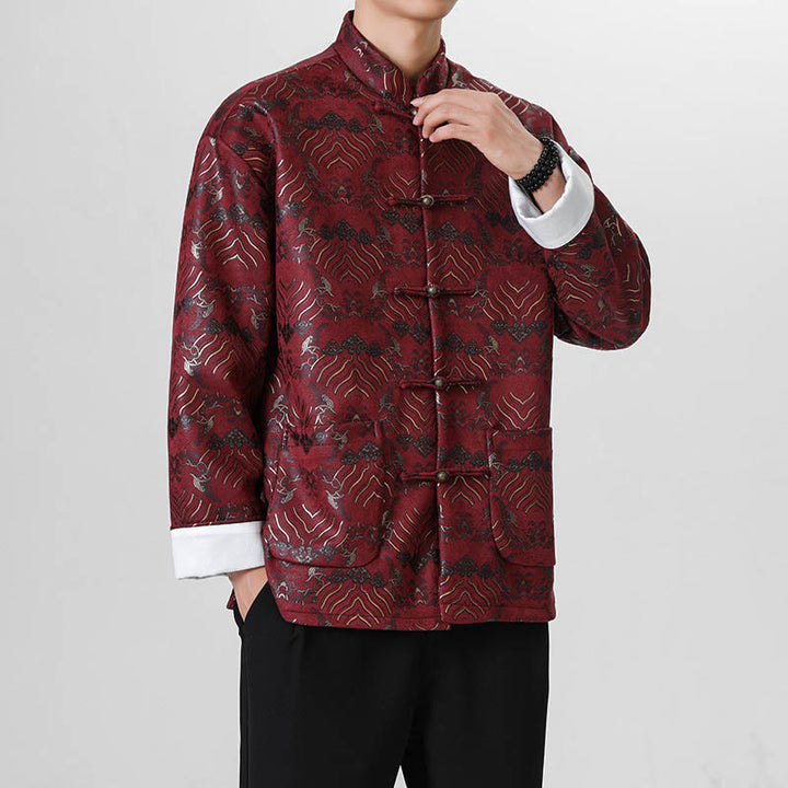 Buddha Stones Copper Frog-Button Chinese Tang Suit Wave Shape Long Shirt Men Jacket Clothing