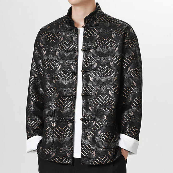 Buddha Stones Copper Frog-Button Chinese Tang Suit Wave Shape Long Shirt Men Jacket Clothing - image 4