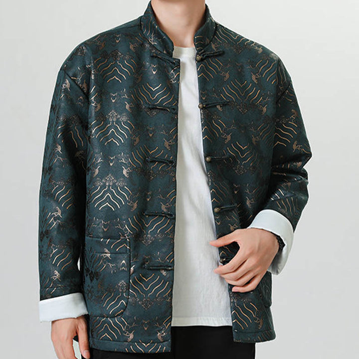 Buddha Stones Copper Frog-Button Chinese Tang Suit Wave Shape Long Shirt Men Jacket Clothing - image 14