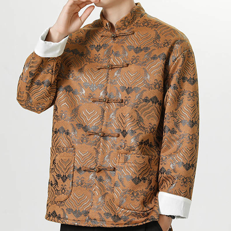 Buddha Stones Copper Frog-Button Chinese Tang Suit Wave Shape Long Shirt Men Jacket Clothing - image 23
