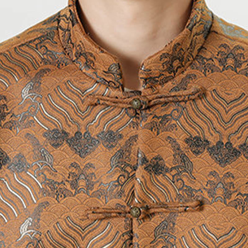 Buddha Stones Copper Frog-Button Chinese Tang Suit Wave Shape Long Shirt Men Jacket Clothing - image 26