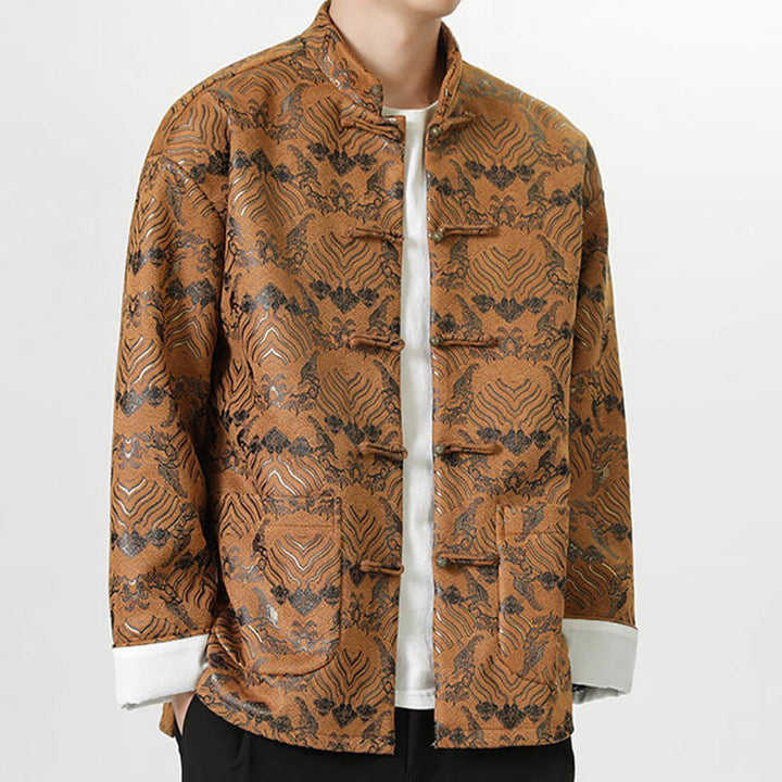 Buddha Stones Copper Frog-Button Chinese Tang Suit Wave Shape Long Shirt Men Jacket Clothing