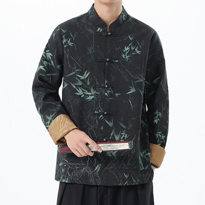 Buddha Stones Printing Bamboo Casual Frog-button Spandex Men's Jacket Shirt Clothing