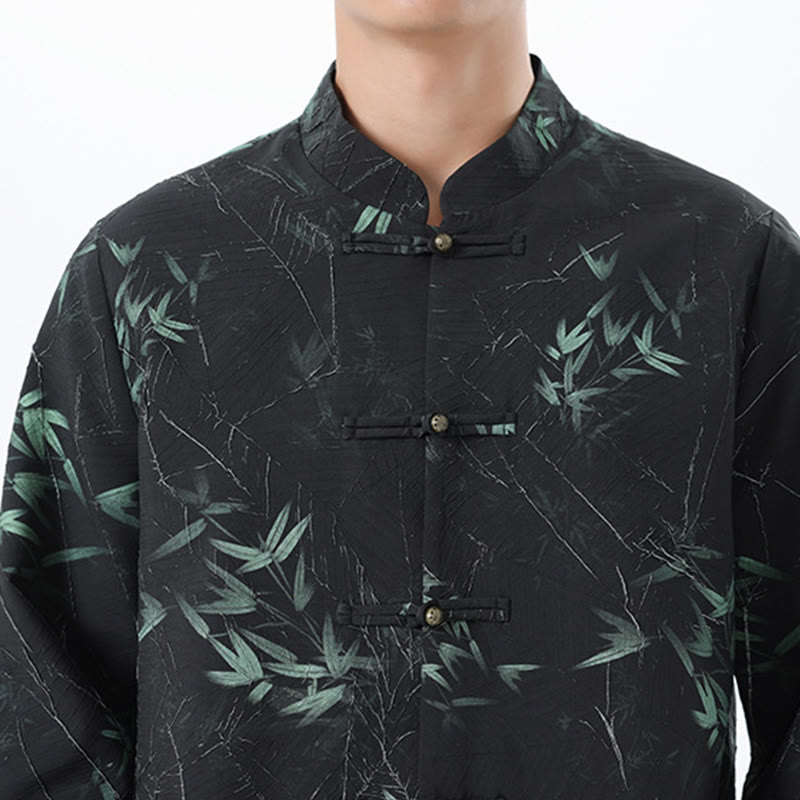 Buddha Stones Printing Bamboo Casual Frog-button Spandex Men's Jacket Shirt Clothing