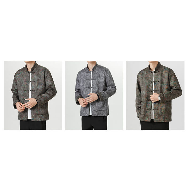 Buddha Stones Casual Suede Python Pattern Frog-button Cotton Men's Jacket Shirt Clothing