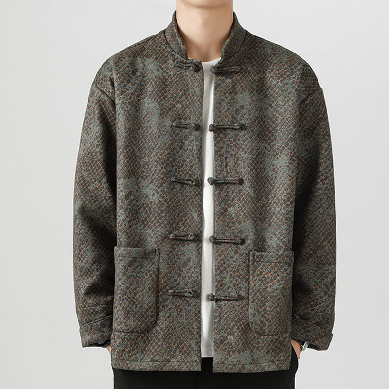 Buddha Stones Casual Suede Python Pattern Frog-button Cotton Men's Jacket Shirt Clothing