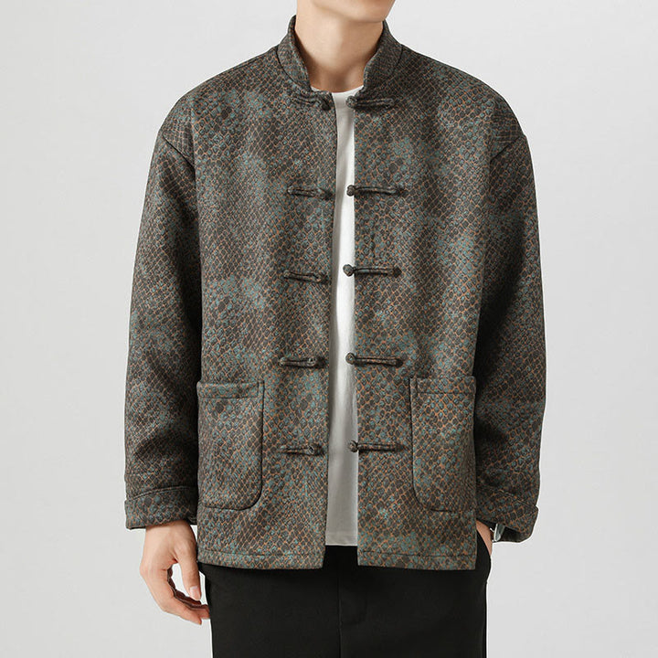 Buddha Stones Casual Suede Python Pattern Frog-button Cotton Men's Jacket Shirt Clothing