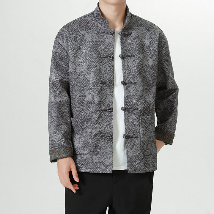 Buddha Stones Casual Suede Python Pattern Frog-button Cotton Men's Jacket Shirt Clothing