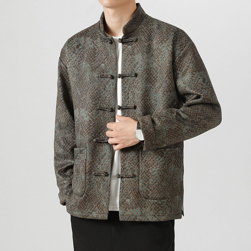 Buddha Stones Casual Suede Python Pattern Frog-button Cotton Men's Jacket Shirt Clothing