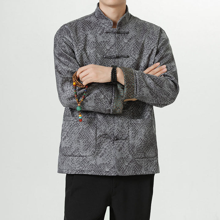 Buddha Stones Casual Suede Python Pattern Frog-button Cotton Men's Jacket Shirt Clothing