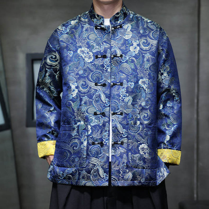 Buddha Stones Frog-Button Chinese Tang Suit Stand Collar Long Shirt Men Jacket Clothing - MediumBlue - US/UK/AU46，EU56 (5XL) - image 24
