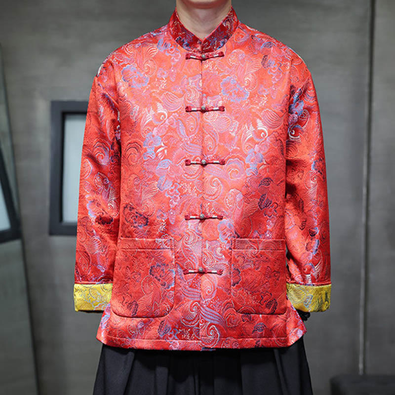 Buddha Stones Frog-Button Chinese Tang Suit Stand Collar Long Shirt Men Jacket Clothing - OrangeRed - US/UK/AU46，EU56 (5XL) - image 7