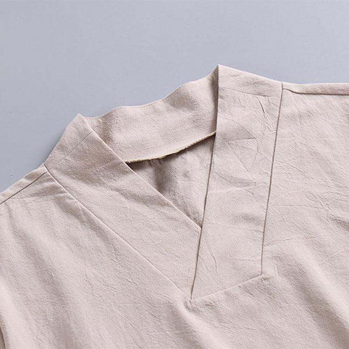 Buddha Stones Loose Men's T-Shirt Solid Color Top Short Sleeve V Collar Breathable Cotton Linen Shirt - image 6