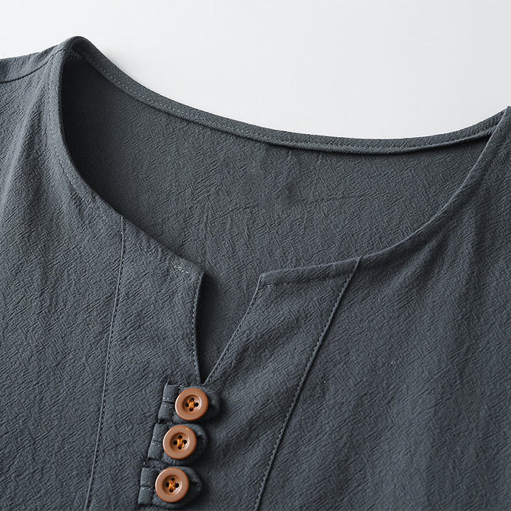 Buddha Stones Men's T-Shirt Solid Color Top Short Sleeve Three-button V Collar Soft Shirt - image 3