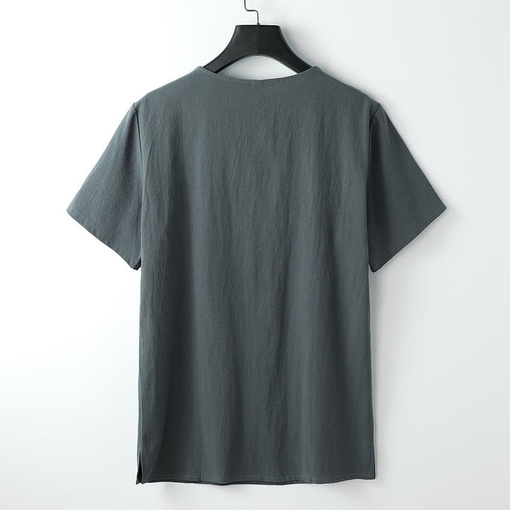 Buddha Stones Men's T-Shirt Solid Color Top Short Sleeve Three-button V Collar Soft Cotton Shirt - image 1