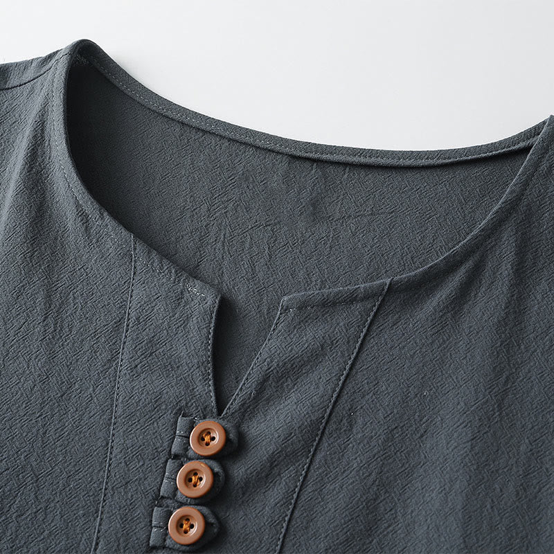 Buddha Stones Men's T-Shirt Solid Color Top Short Sleeve Three-button V Collar Soft Cotton Shirt - image 3