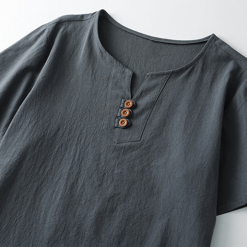 Buddha Stones Men's T-Shirt Solid Color Top Short Sleeve Three-button V Collar Soft Cotton Shirt - image 2