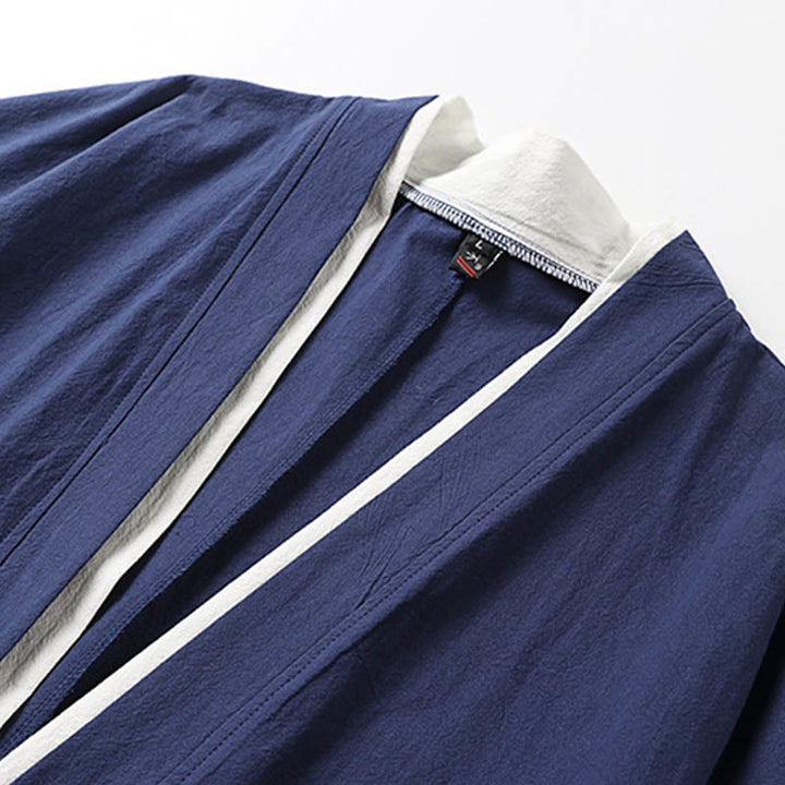 Buddha Stones Fake Two-piece Men's Half Sleeve Cardigan Embroidery Hanfu Comfort Cotton Kimono - image 4