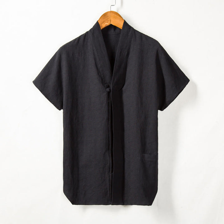 Buddha Stones Men's Short Sleeve Shirt With Pocket Notched Neck Cardigan Comfort Cotton Linen Shirt - image 4