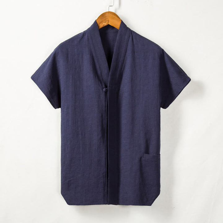 Buddha Stones Men's Short Sleeve Shirt With Pocket Notched Neck Cardigan Comfort Cotton Linen Shirt - image 6