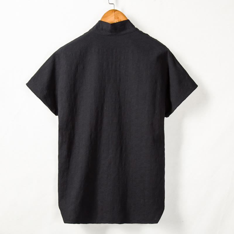 Buddha Stones Men's Short Sleeve Shirt With Pocket Notched Neck Cardigan Comfort Cotton Linen Shirt - image 5
